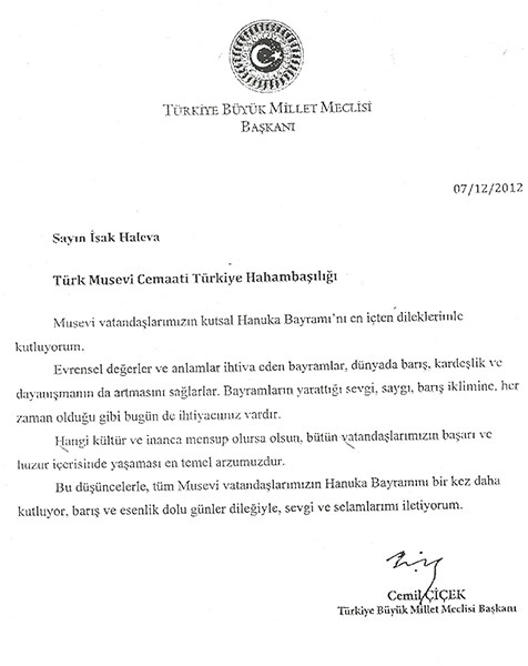TBMM Başkanı Sayın Cemil Çiçek'in Hanuka Bayramı Mesajı